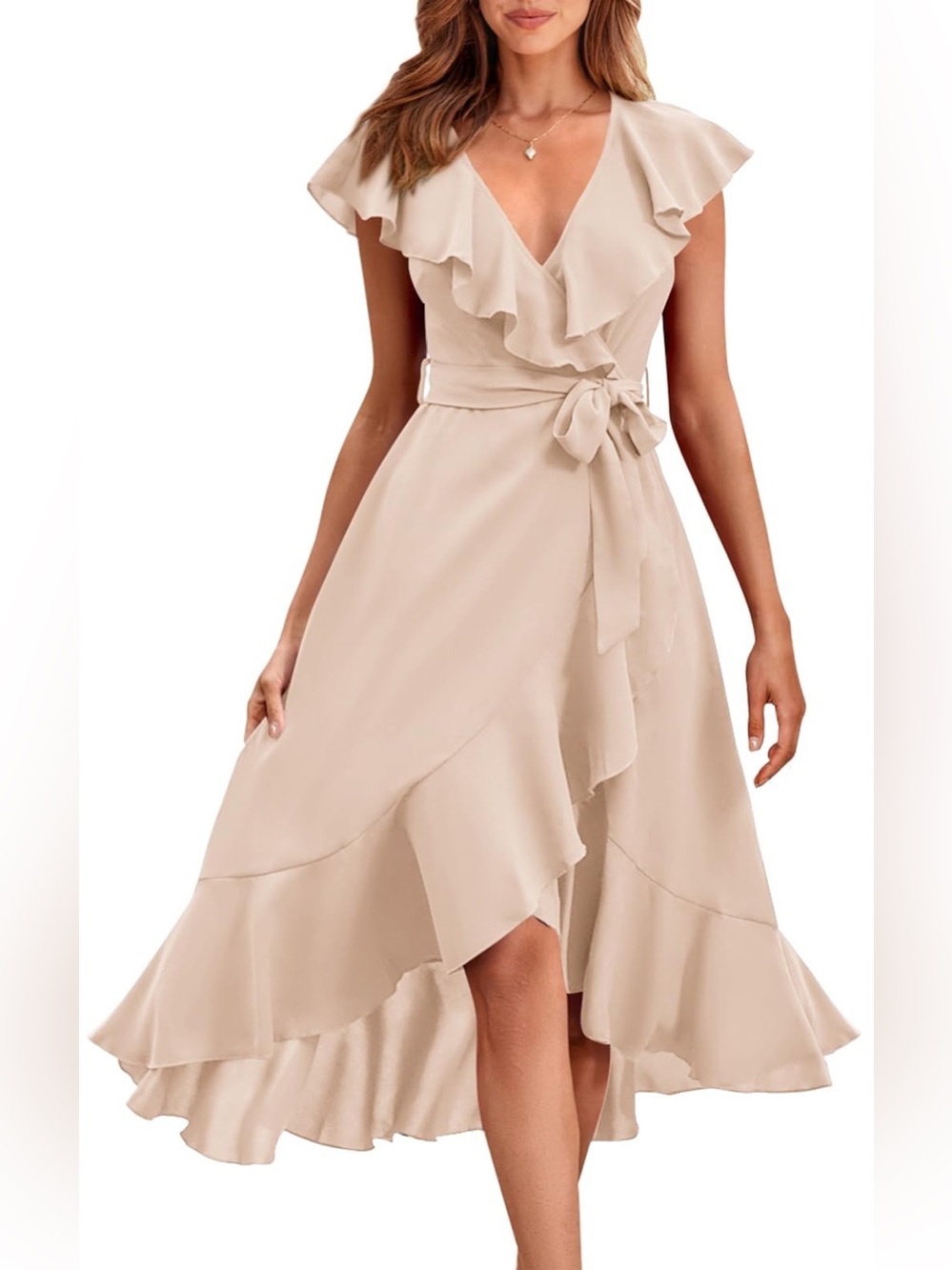 V-Neck High-Low Ruffle Wrap Dress in Beige